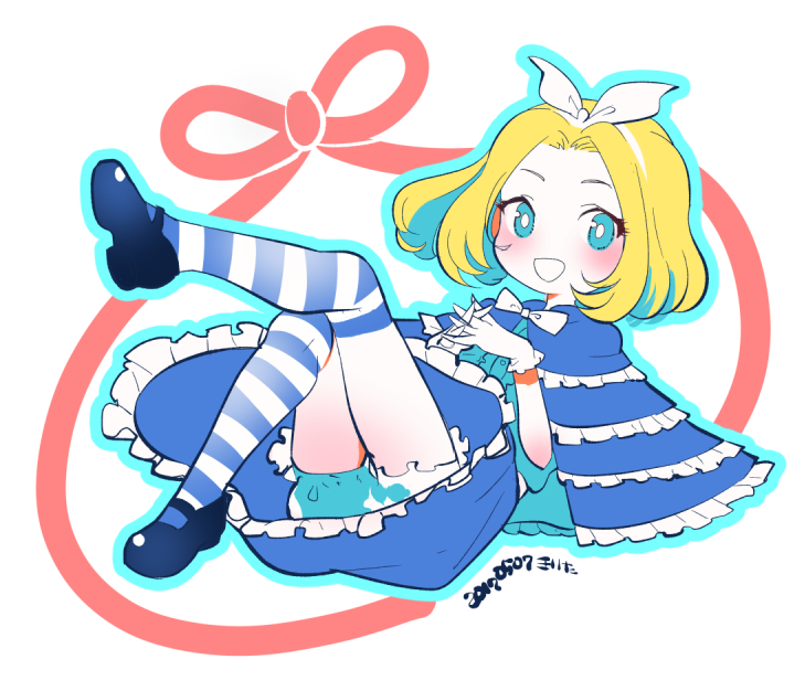 1girl, black_shoes, blonde_hair, bloomers, blue_capelet, blue_eyes, blue_skirt, blush, bright_pupils, capelet, classicaloid, commentary_request, dated, eyelashes, frilled_capelet, frilled_skirt, frills, gloves, hairband, kiritan_(kiritao), looking_at_viewer, open_mouth, pyotr_illyich_tchaikovsky_(classicaloid), shoes, short_hair, skirt, solo, striped_clothes, striped_thighhighs, thigh-highs, white_background, white_bloomers, white_gloves, white_hairband, white_pupils