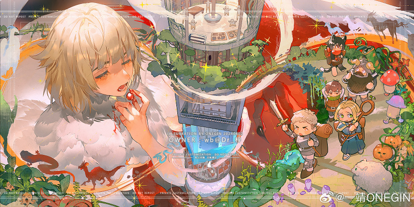3boys, 3girls, ambiguous_red_liquid, armor, arms_behind_head, backpack, bag, beard