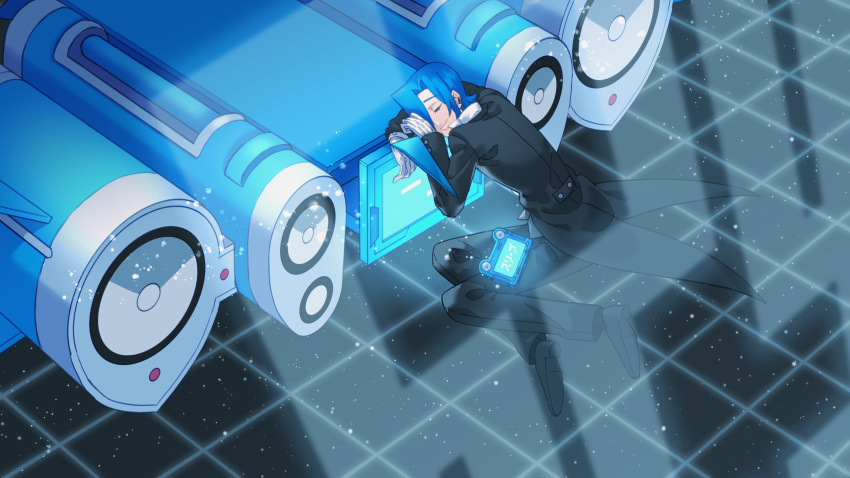 1boy, akai_ramu, black_pants, black_shoes, blue_hair, classicaloid, closed_mouth, commentary_request