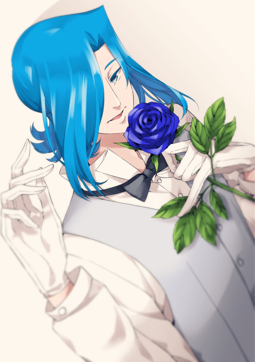 1boy, absurdres, akai_ramu, blue_eyes, blue_flower, blue_hair, blue_rose, blurry