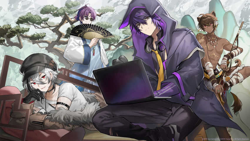 4boys, absurdres, ahoge, animal_ears, bandaged_arm, bandages, black_gloves, black_hat