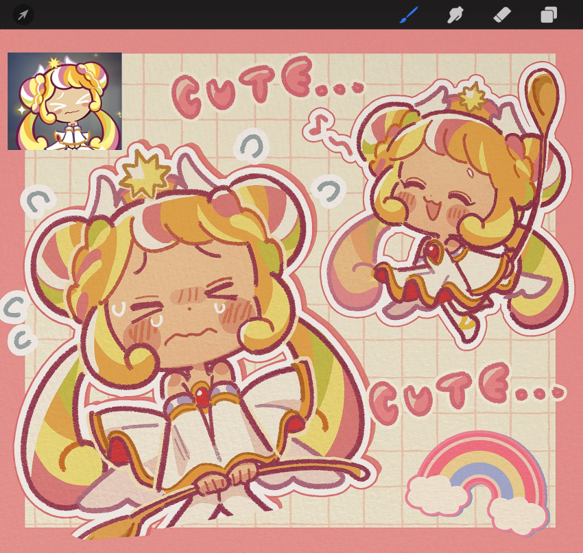 1girl, blonde_hair, chibi, chibi_only, cookie_run, cookie_run:_witch's_castle, double_bun, dress