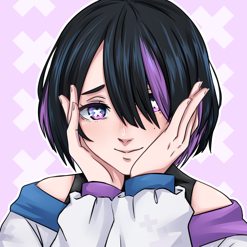 1girl, absurdres, black_hair, commentary_request, eyebrows_hidden_by_hair, hands_on_own_cheeks, hands_on_own_face, highres