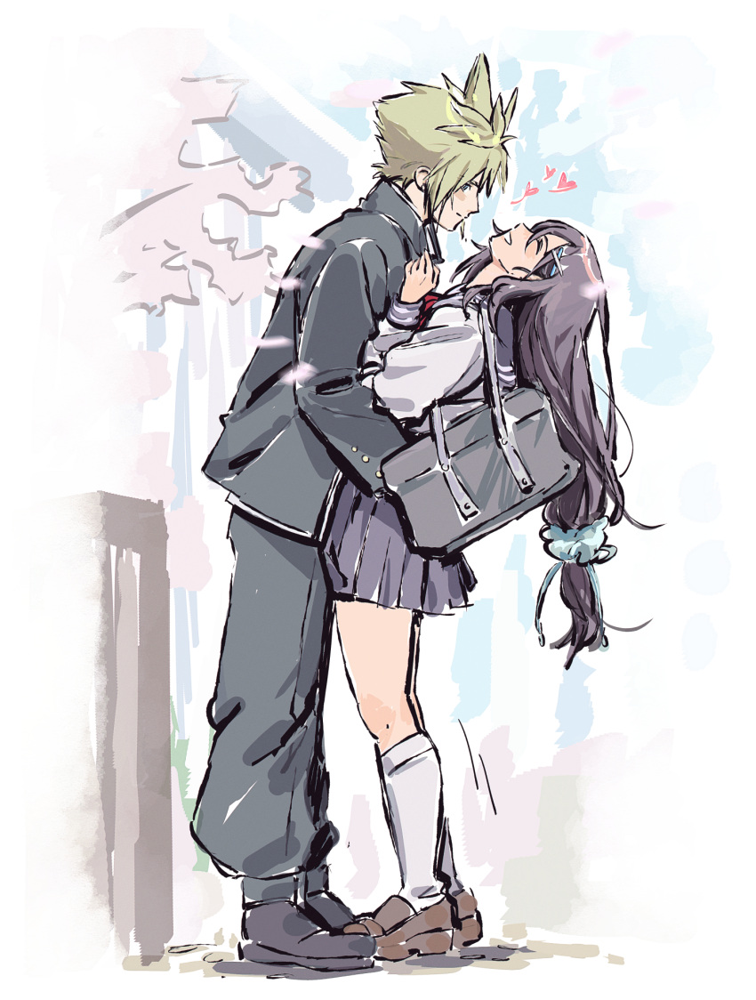 1boy, 1girl, bag, baggy_pants, black_hair, black_jacket, black_pants, blonde_hair