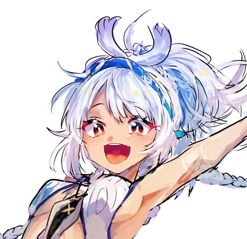 1girl, bare_shoulders, blue_hair, blue_hairband, braid, crop_top, fingerless_gloves, genshin_impact, gimchaelin73439, gloves, hairband, highres, long_hair, looking_at_viewer, mualani_(genshin_impact), multicolored_hair, open_mouth, red_eyes, smile, solo, symbol-shaped_pupils, tan, white_hair