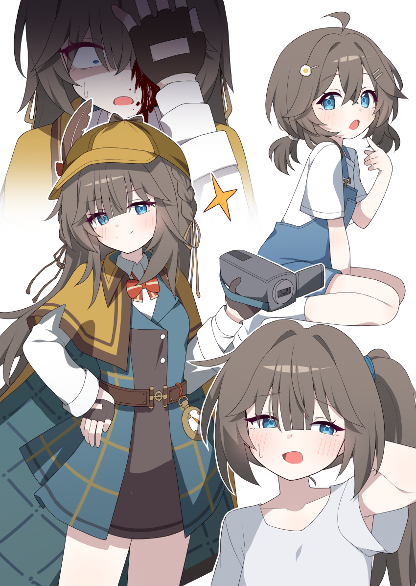 1girl, absurdres, black_gloves, black_survival, blue_eyes, brown_hair, detective, eternal_return:_black_survival, fingerless_gloves, gloves, hagoonha, hair_between_eyes, highres, long_hair, looking_at_viewer, martina_(black_survival), medium_hair, ponytail, side_ponytail, simple_background, thighs, white_background