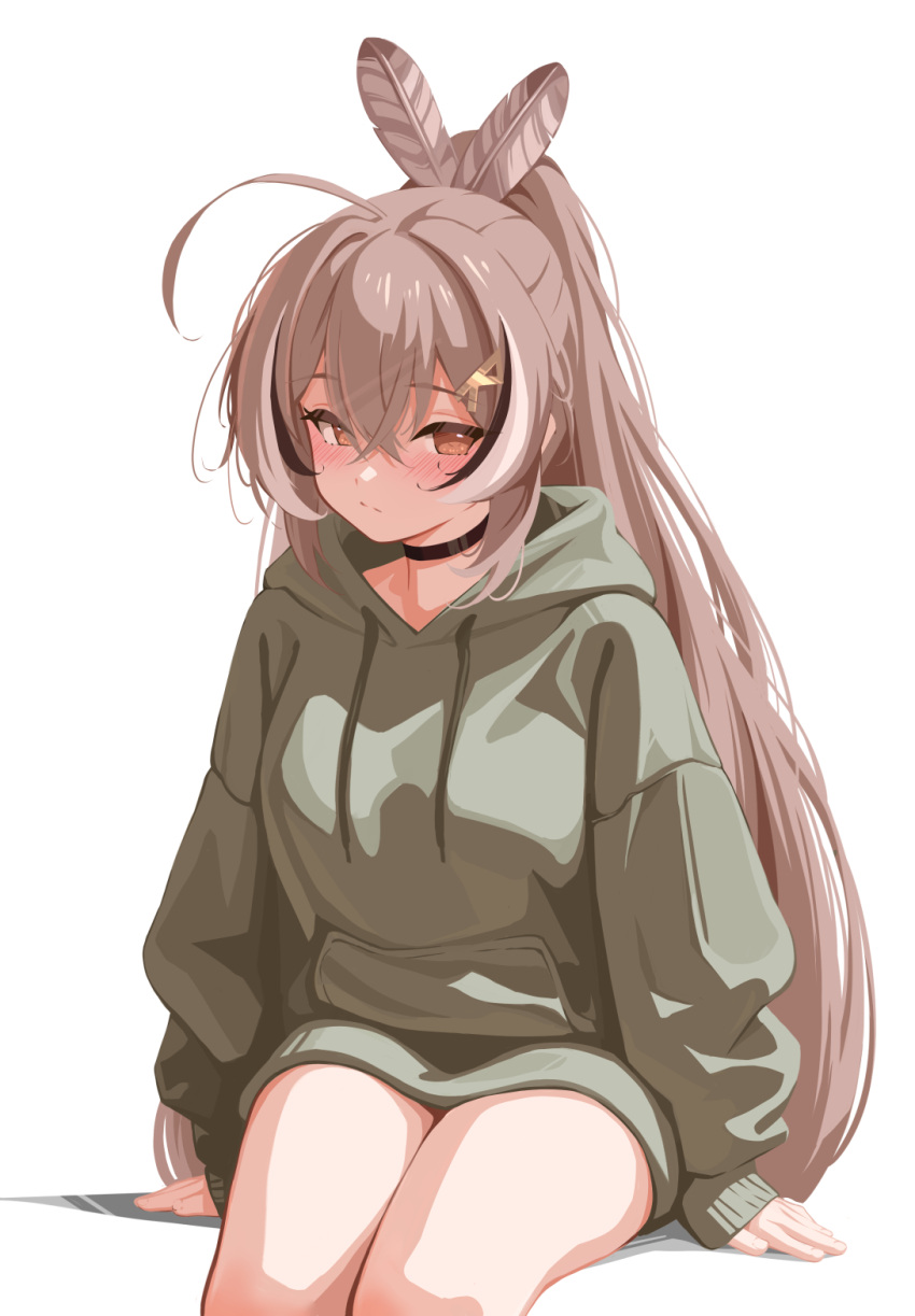 1girl, ahoge, black_choker, blush, brown_eyes, brown_hair, choker, closed_mouth