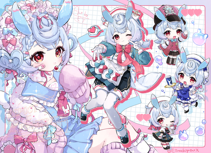 1girl, :t, animal_ears, apron, aqua_bow, aqua_bowtie, aqua_shirt, bandaid