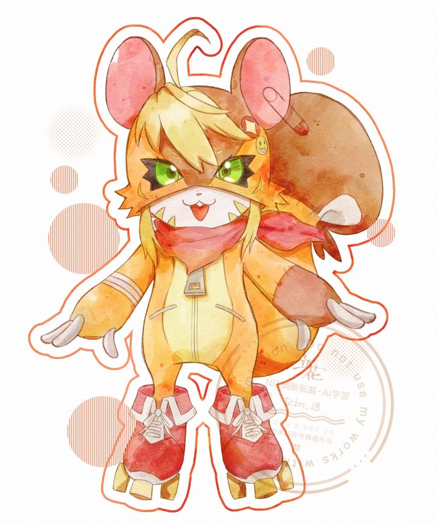 1girl, animal_ears, bandana, bandana_around_neck, blonde_hair, digimon, digimon_(creature), fang