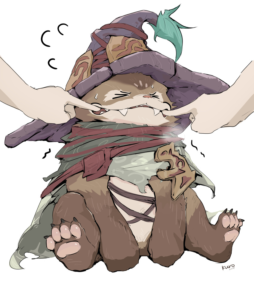 absurdres, animal_hands, brown_hat, capelet, cat, fang, fangs, finger_in_another's_mouth