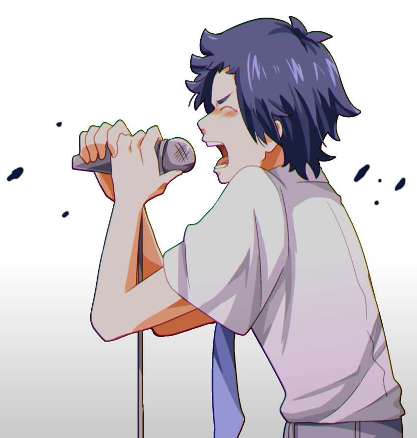 1boy, black_hair, blush, chromatic_aberration, classicaloid, closed_eyes, commentary_request, from_side