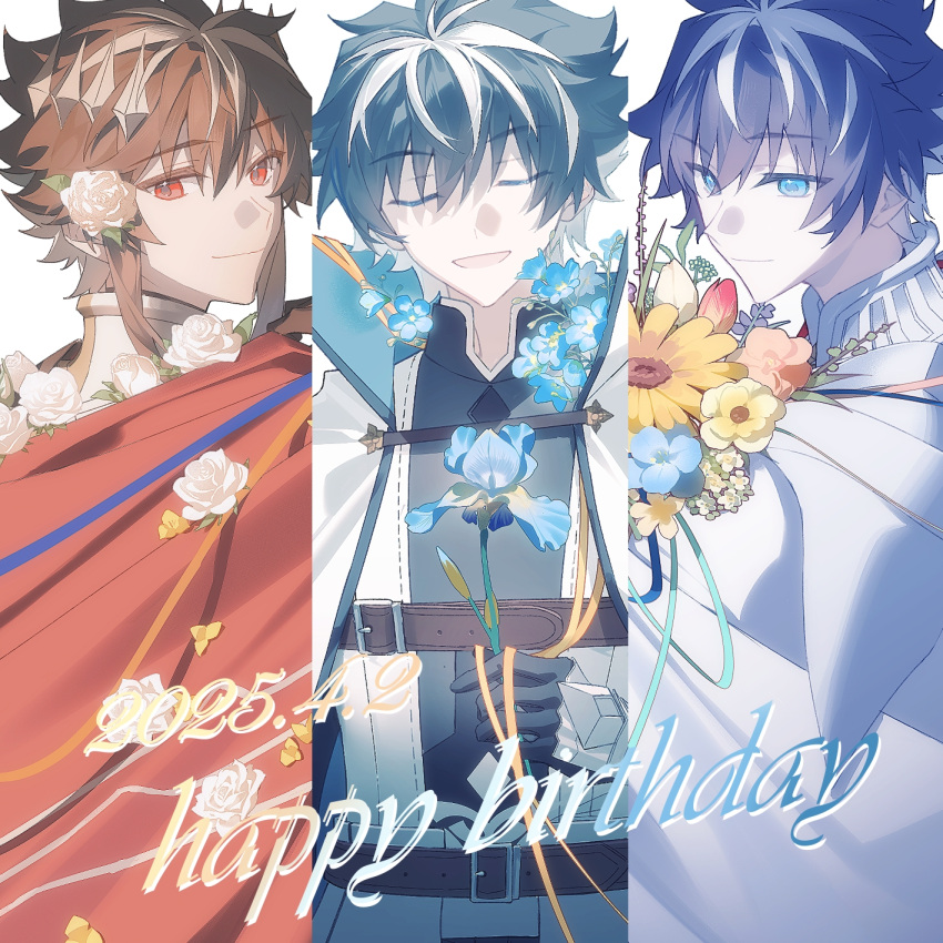 3boys, armor, black_gloves, black_hair, blue_eyes, cape, charlemagne_(fate), charlemagne_(first_ascension)_(fate)