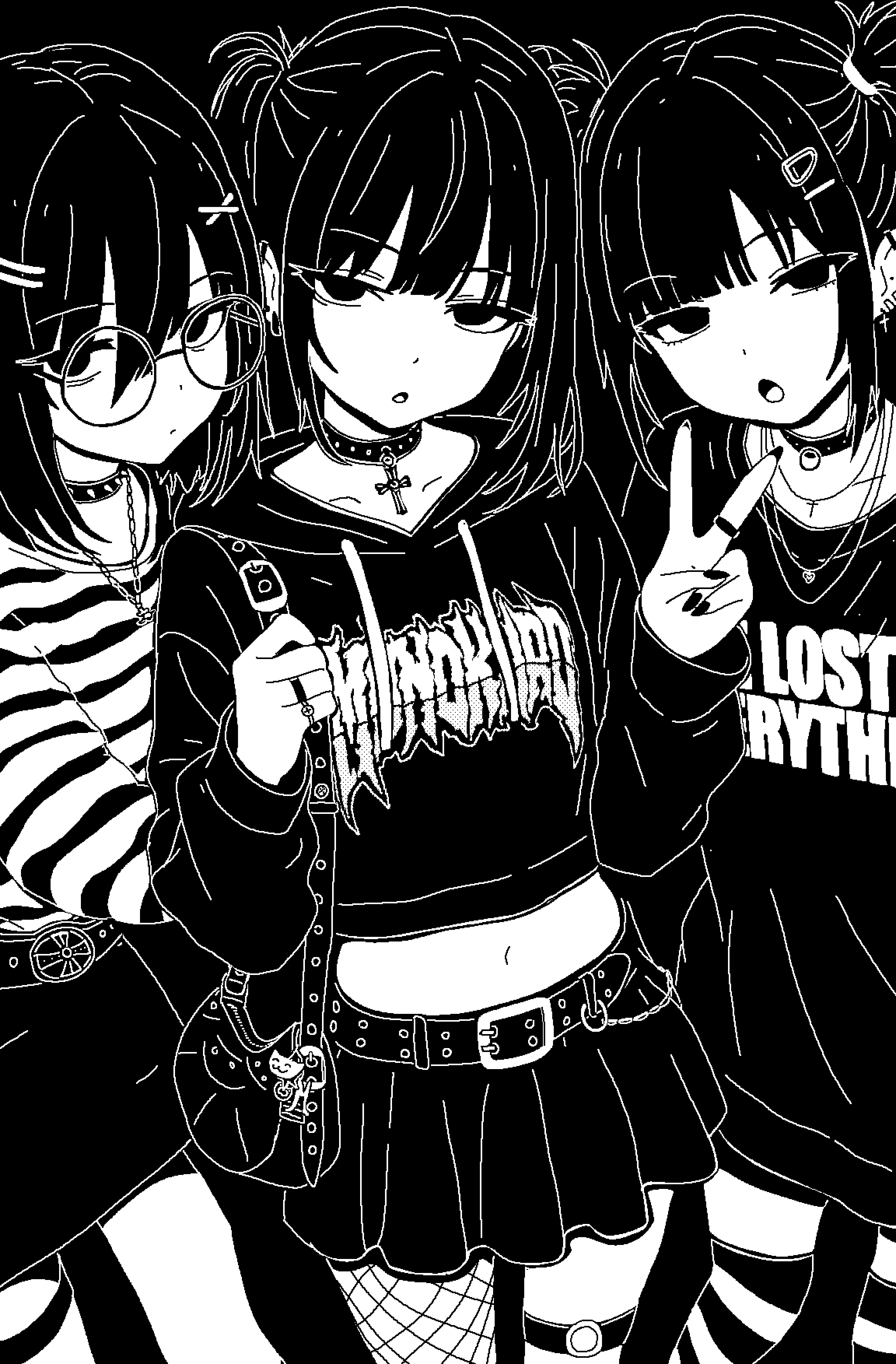 3girls, absurdres, bag, belt, black_background, collar, cross, cross_necklace, fingernails, fishnets, glasses, greyscale, hair_ornament, handbag, high_contrast, highres, jewelry, long_fingernails, looking_at_viewer, monochrome, monokurocorp, multiple_girls, necklace, original, puriririririri, simple_background, skirt, thigh-highs, v