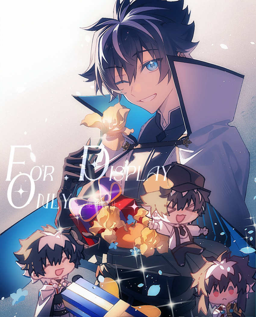 >_<, 4boys, black_gloves, black_hair, blue_eyes, box, cabbie_hat, cape