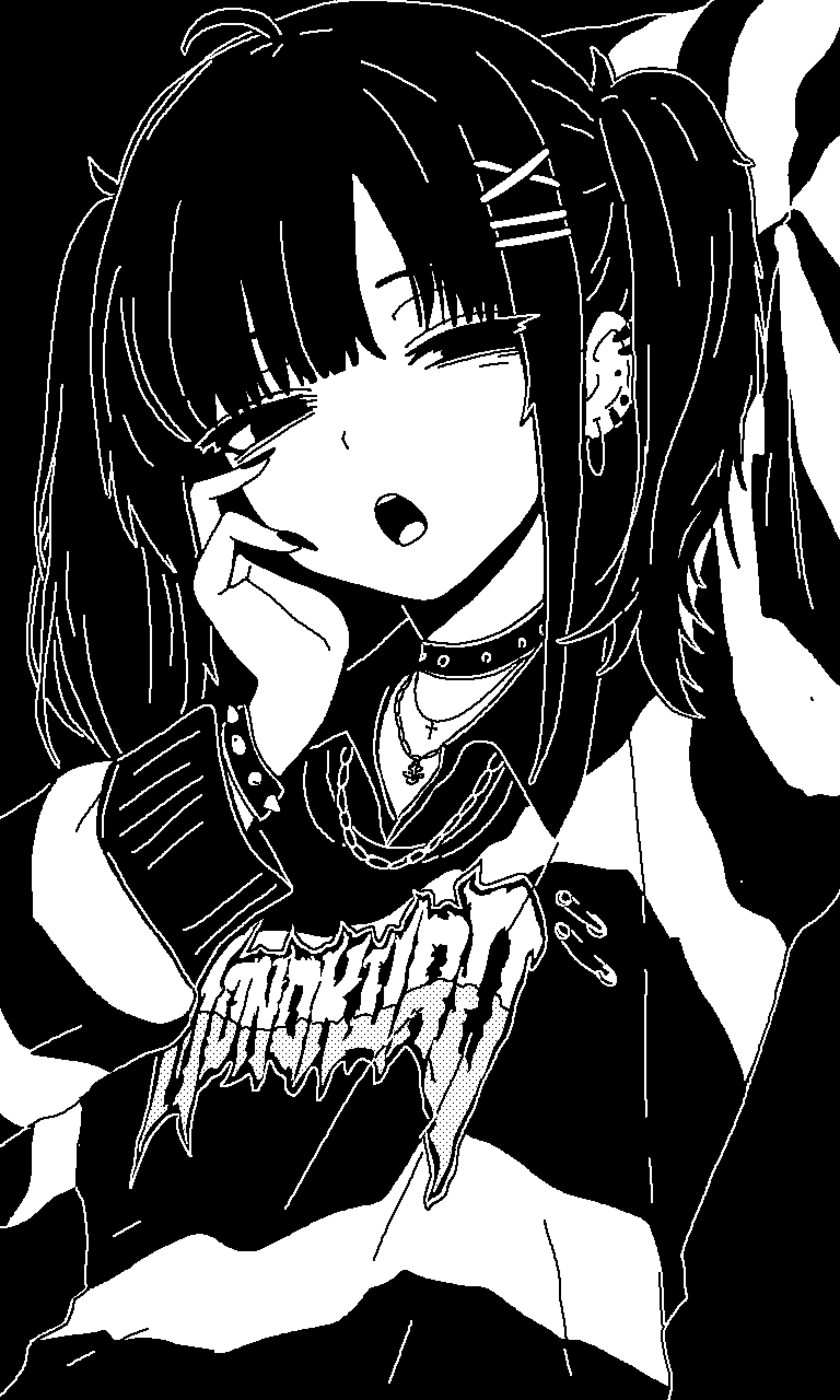 1girl, absurdres, black_eyes, black_hair, bracelet, collar, cross, cross_necklace, ear_piercing, earrings, fingernails, greyscale, hair_ornament, highres, jewelry, long_fingernails, looking_at_viewer, monochrome, monokurocorp, necklace, open_mouth, original, piercing, puriririririri, solo, spiked_bracelet, spikes, twintails