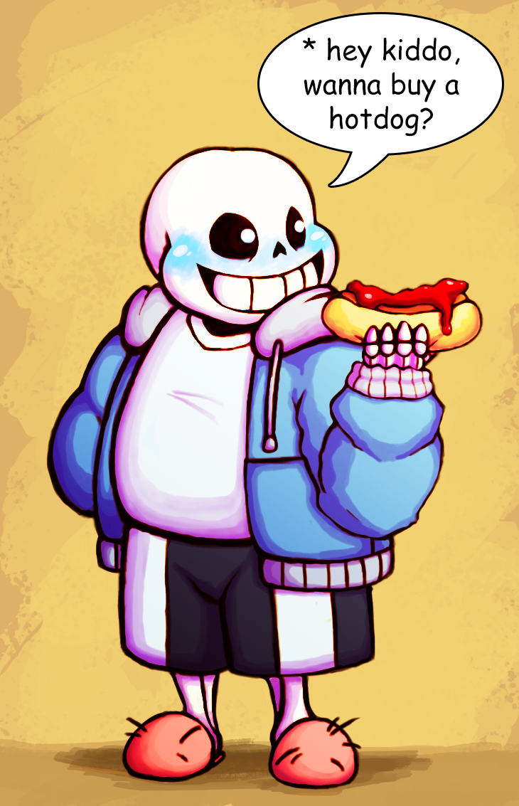 1boy, 2016, 2d, black_shorts, blue_jacket, comic_sans, cute, digital_media, english_text, fat, food, full_body, holding, holding_food, hood, hood_down, hooded_jacket, hot_dog, humanoid, jacket, male, male_only, memiz, monster, monster_boy, open_jacket, pink_slippers, rosy_cheeks, sans_(undertale), shirt, shorts, simple_background, skeleton, slippers, solo, speech_bubble, standing, striped_shorts, teeth, text, undead, undertale, white_shirt, white_stripes, yellow_background