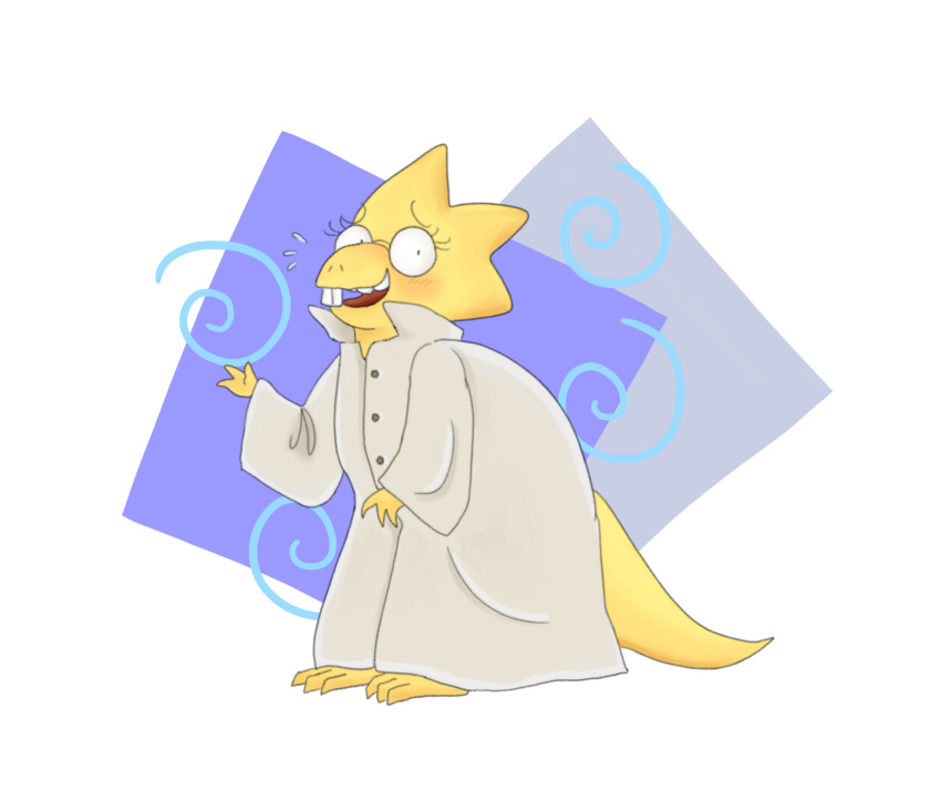 1girl, 2015, 2d, abstract_background, alphys, anthro, buck_teeth, coat