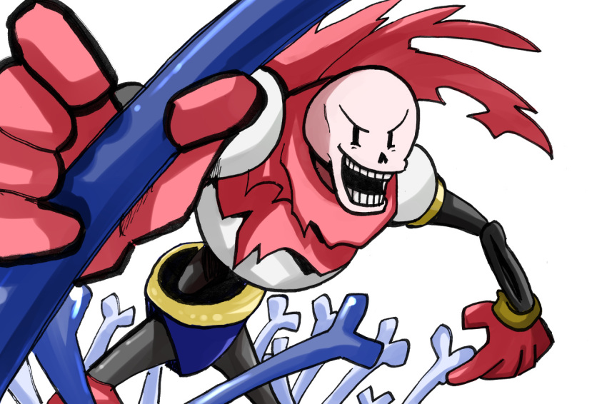 1boy, 2019, 2d, armor, blue_shorts, bone, cape, digital_media, foreshortening, gloves, holding, holding_bone, humanoid, male, male_only, monster, monster_boy, nattouan, papyrus_(undertale), red_cape, red_gloves, shorts, simple_background, skeleton, solo, teeth, transparent_background, undead, undertale, white_armor