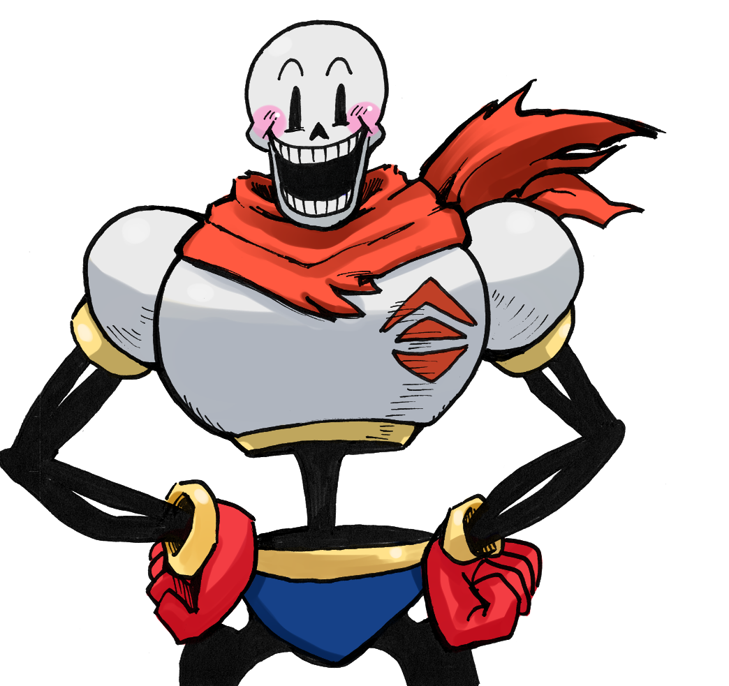 1boy, 2019, 2d, armor, blue_shorts, cape, cowboy_shot, digital_media, gloves, hands_on_own_hips, humanoid, male, male_only, monster, monster_boy, nattouan, open_mouth, papyrus_(undertale), red_cape, red_gloves, shorts, simple_background, skeleton, solo, straight-on, teeth, transparent_background, undead, undertale, variant_set, white_armor