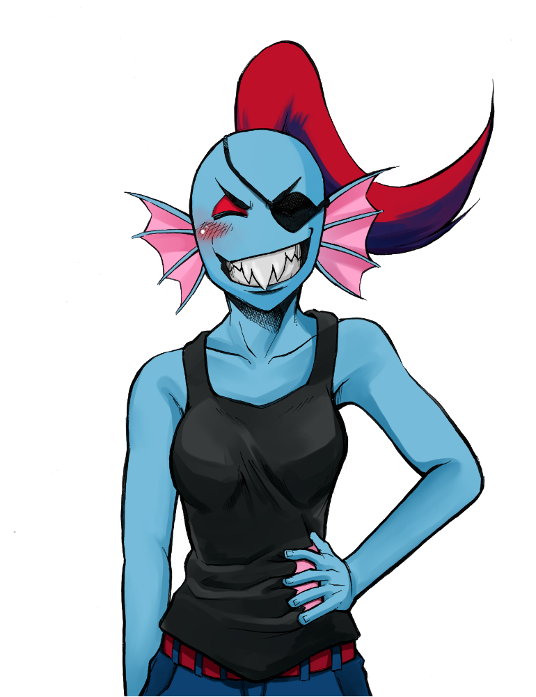 1girl, 2019, 2d, anthro, black_eyepatch, black_tank_top, blue_pants, blue_skin