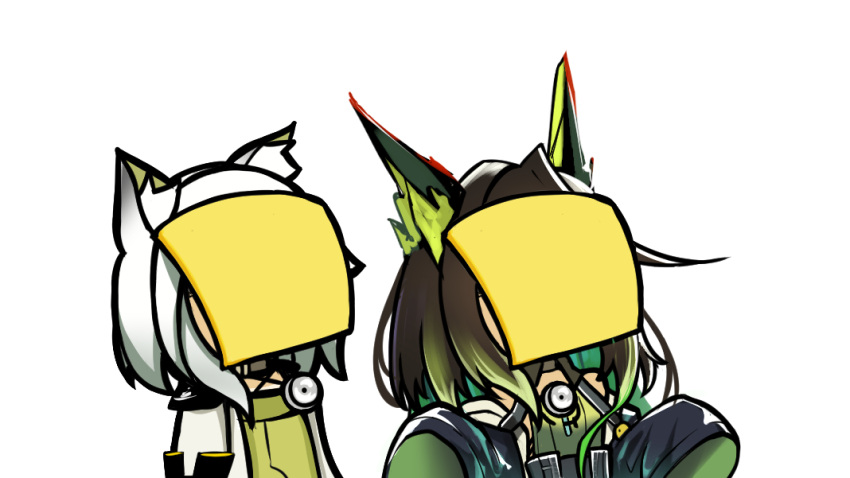 2girls, animal_ears, arknights, bare_shoulders, black_hair, black_jacket, cat_ears, cheese