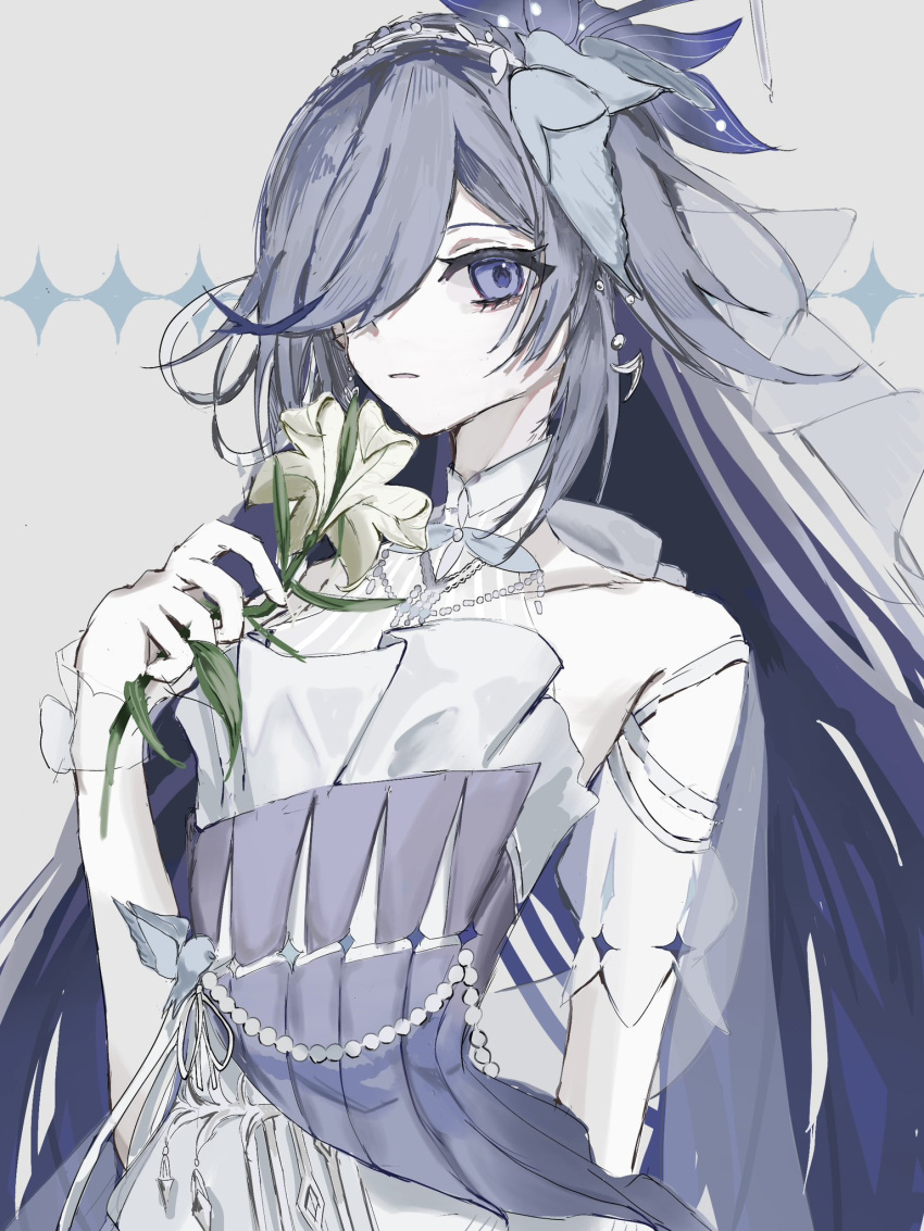 1girl, bare_shoulders, bird_hair_ornament, blue_eyes, closed_mouth, dress, flower, fu_hua