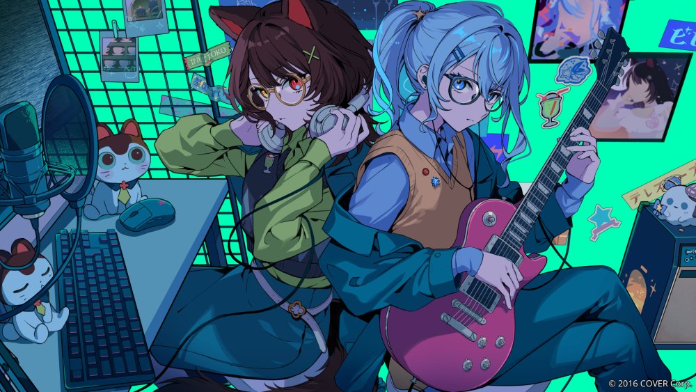 2girls, adjusting_headphones, animal_ears, banken_(inui_toko), black_sweater_vest, blue_eyes, blue_hair, blue_shirt