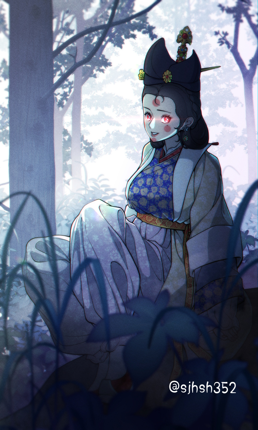 1girl, absurdres, black_hair, blue_shirt, forest, glowing, glowing_eyes, highres