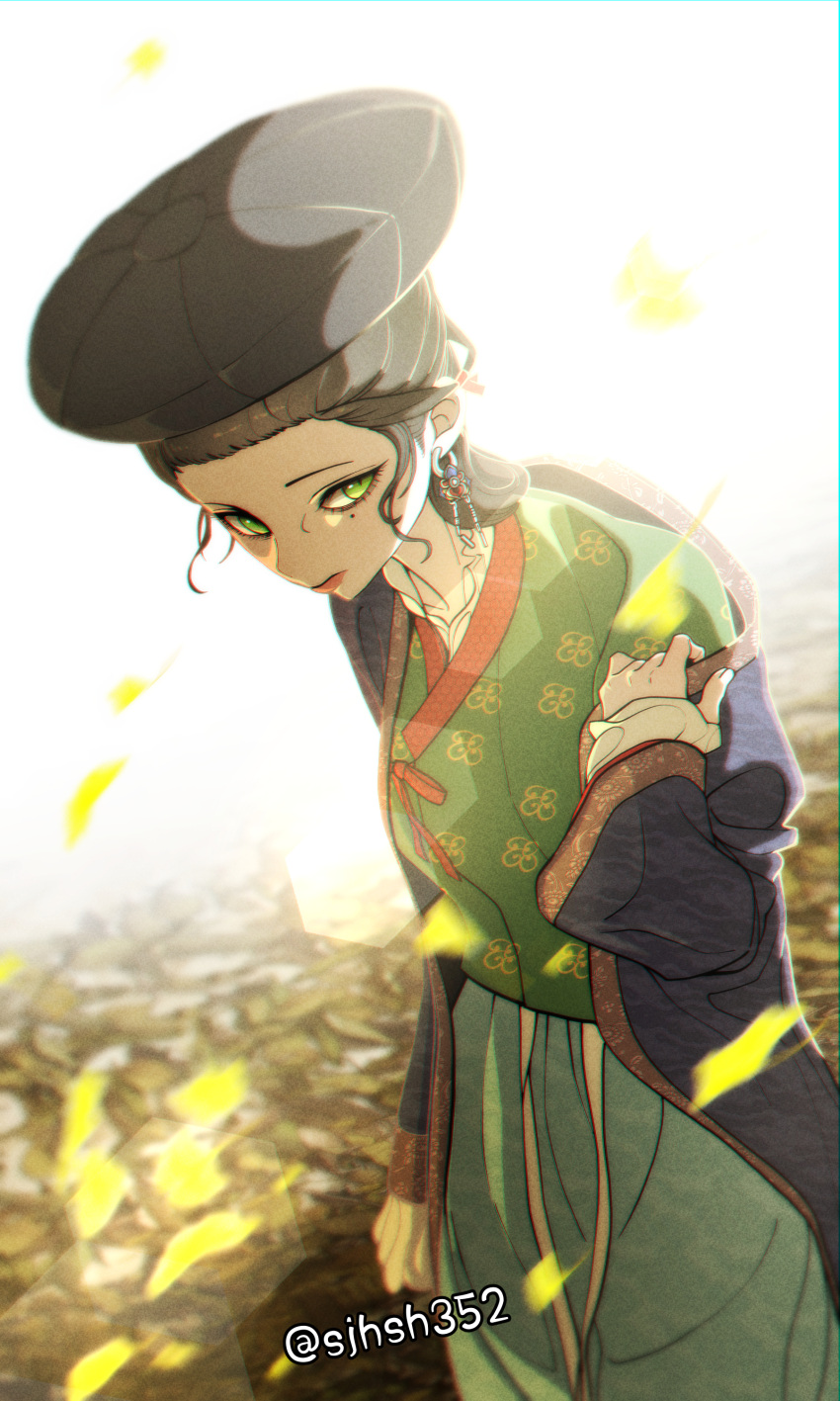 1girl, absurdres, black_hair, falling_leaves, green_eyes, green_shirt, hair_bun, hanbok