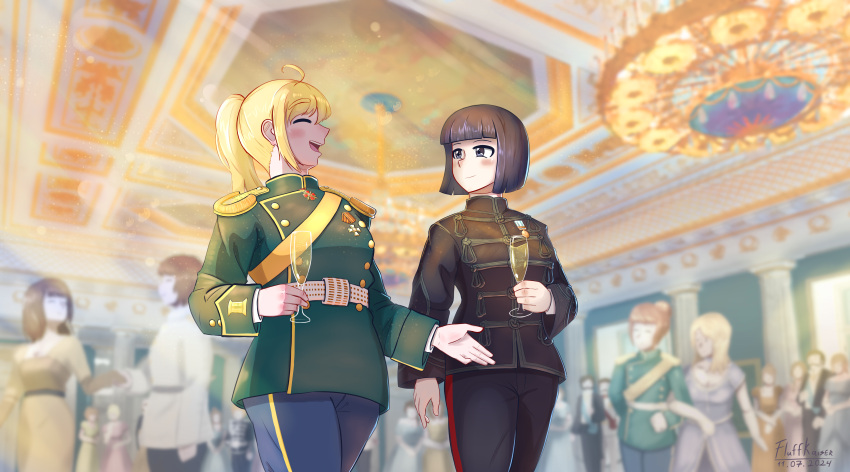 1girl, 2girls, absurdres, ahoge, alcohol, belt, belt_around_waist, black_eyes