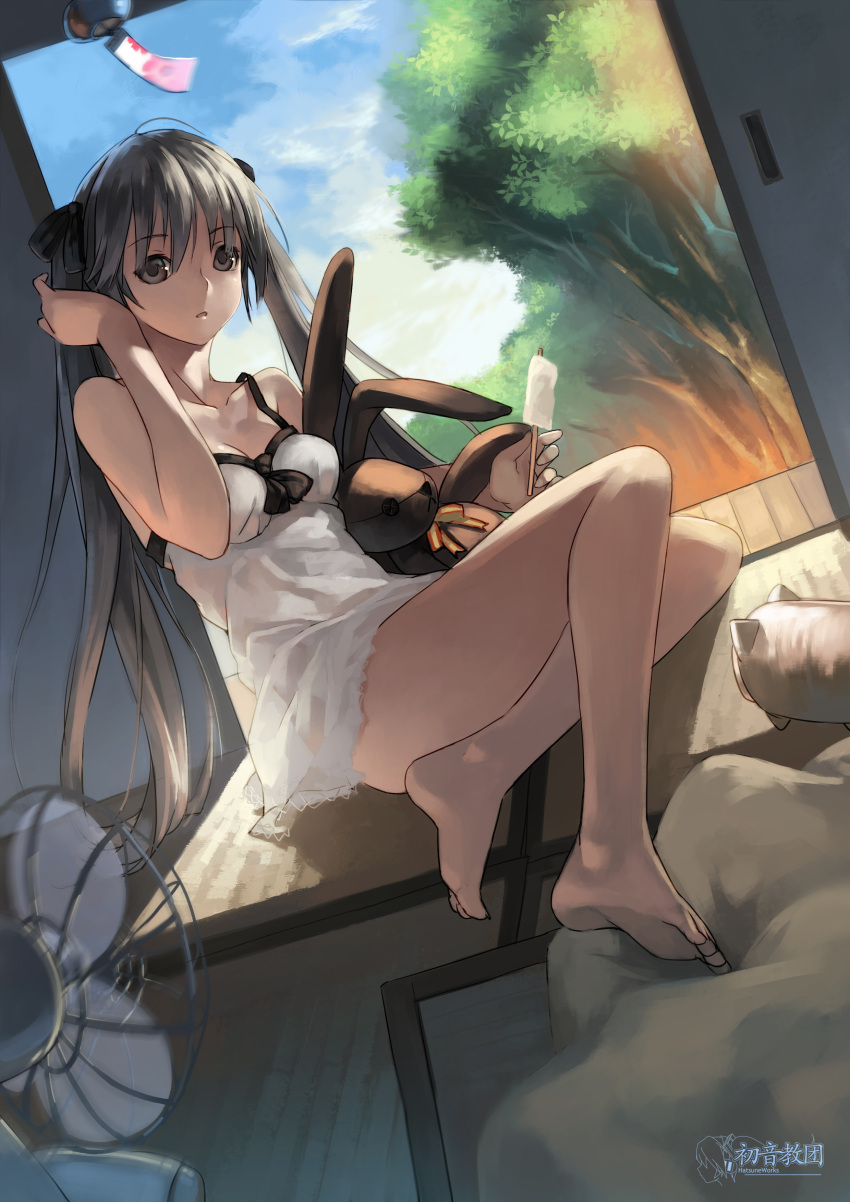 absurdres, adjusting_hair, bare_shoulders, barefoot, brown_eyes, dress, dutch_angle, electric_fan