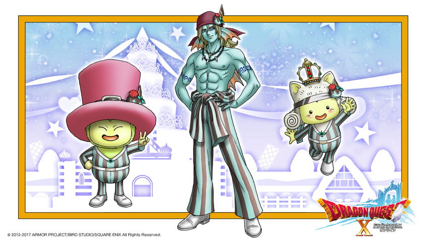 3boys, abs, animal_ears, aqua_jumpsuit, aqua_pants, arm_tattoo, artist_request, back_fin