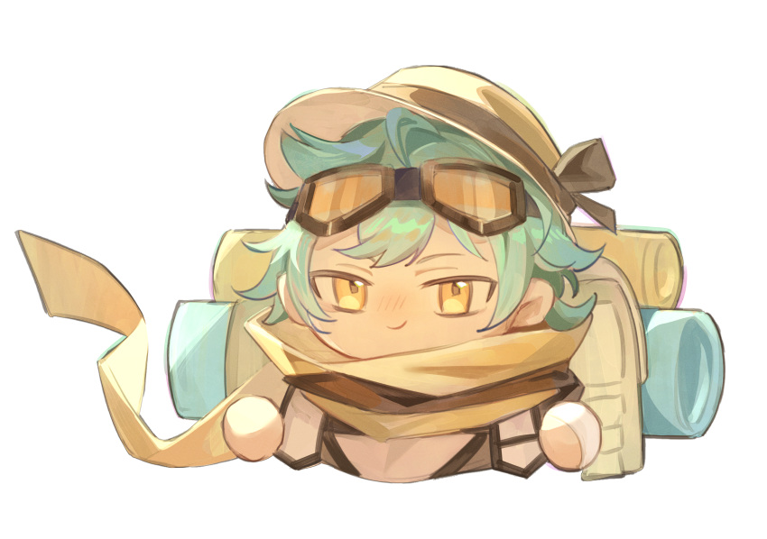 1boy, ahoge, backpack, bag, black-framed_eyewear, black_bow, blue_hair, bow, brown_jacket, chibi, closed_mouth, collared_jacket, cropped_torso, goggles, goggles_on_head, hat, hat_bow, highres, jacket, kawa-kawa_(path_to_nowhere), lapels, light_blush, long_sleeves, male_focus, messy_hair, notched_lapels, orange-tinted_eyewear, path_to_nowhere, scarf, short_hair, simple_background, smile, solo, tinted_eyewear, toho10min, tsurime, white_background, white_bag, white_hat, yellow_eyes, yellow_scarf
