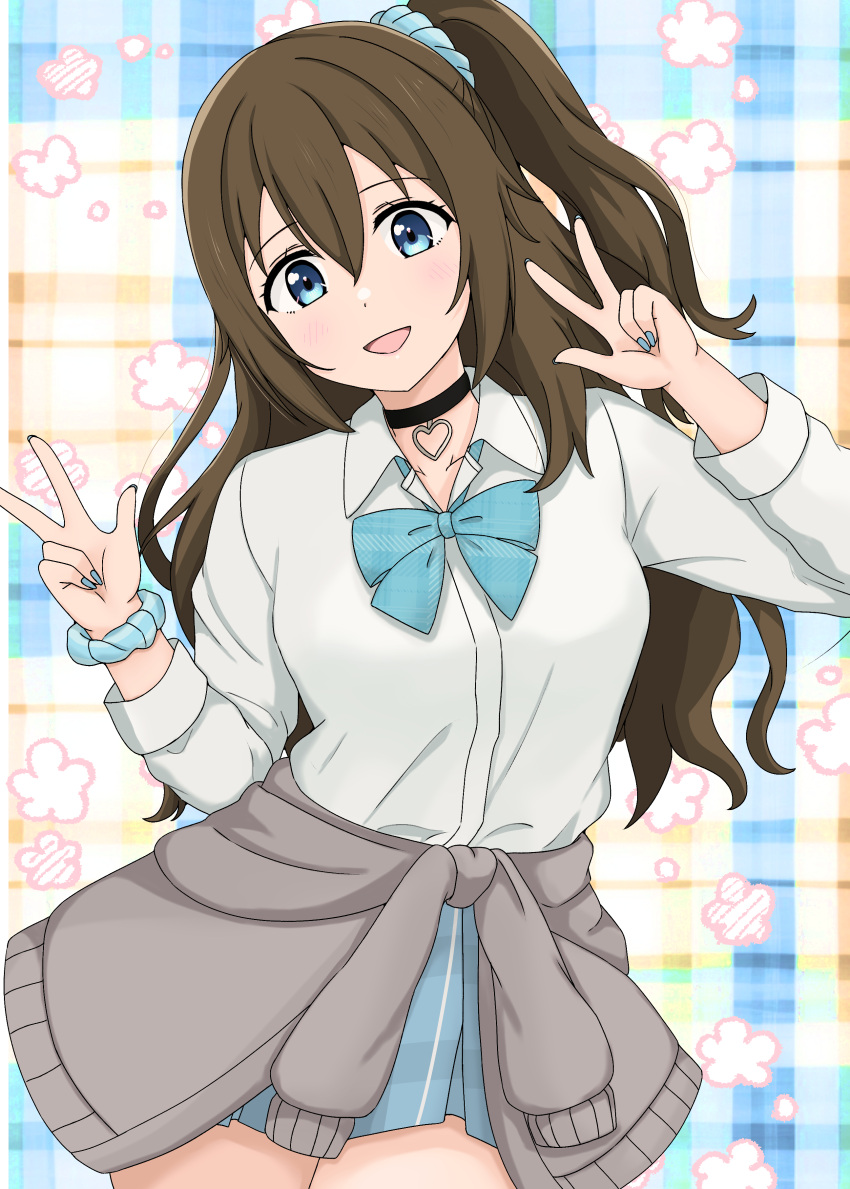 1girl, :d, absurdres, blue_bow, blue_bowtie, blue_eyes, blue_scrunchie, blush, bow, bowtie, brown_hair, cardigan, cardigan_around_waist, choker, chrono_0205, clothes_around_waist, collared_shirt, commentary_request, cowboy_shot, double_w, dress_shirt, grey_cardigan, gyaru, hair_between_eyes, hair_ornament, hair_scrunchie, heart, heart_choker, highres, kogal, long_hair, loose_bowtie, love_live!, love_live!_nijigasaki_high_school_idol_club, miniskirt, official_alternate_costume, open_collar, open_mouth, osaka_shizuku, plaid_background, plaid_bow, plaid_bowtie, plaid_clothes, plaid_skirt, pleated_skirt, scrunchie, shirt, side_ponytail, skirt, smile, solo, w, white_shirt