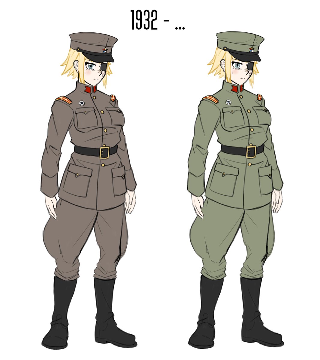 1girl, alternate_costume, alternate_uniform, belt, black_belt, black_boots, blonde_hair, blue_eyes, boots, breast_pocket, breasts, brown_jacket, brown_pants, buckle, buttons, collar, collar_tabs, color_variation, comparison, cross, dated, epaulettes, eyepatch, fluffkaiser, full_body, gold_buckle, green_jacket, green_pants, hat, high_collar, highres, jacket, knee_boots, long_sleeves, looking_at_viewer, medal, medium_breasts, military, military_dress_uniform, military_fatigues, military_hat, military_uniform, original, pants, peaked_cap, pocket, red_collar_tabs, red_epaulettes, russia, russian_empire, scar, scar_on_cheek, scar_on_face, scar_on_nose, short_hair, sidelocks, standing, star_(symbol)