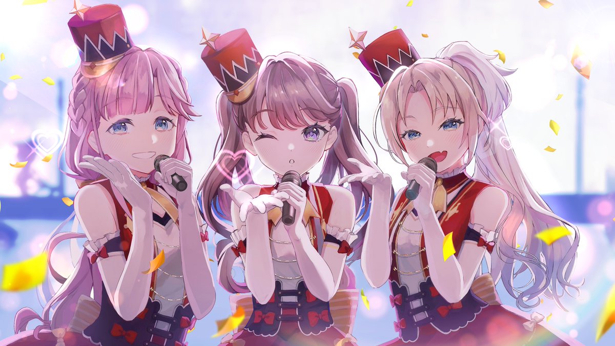 3girls, :d, ;o, anyoji_hime, bare_shoulders, become_444, blonde_hair, blue_eyes