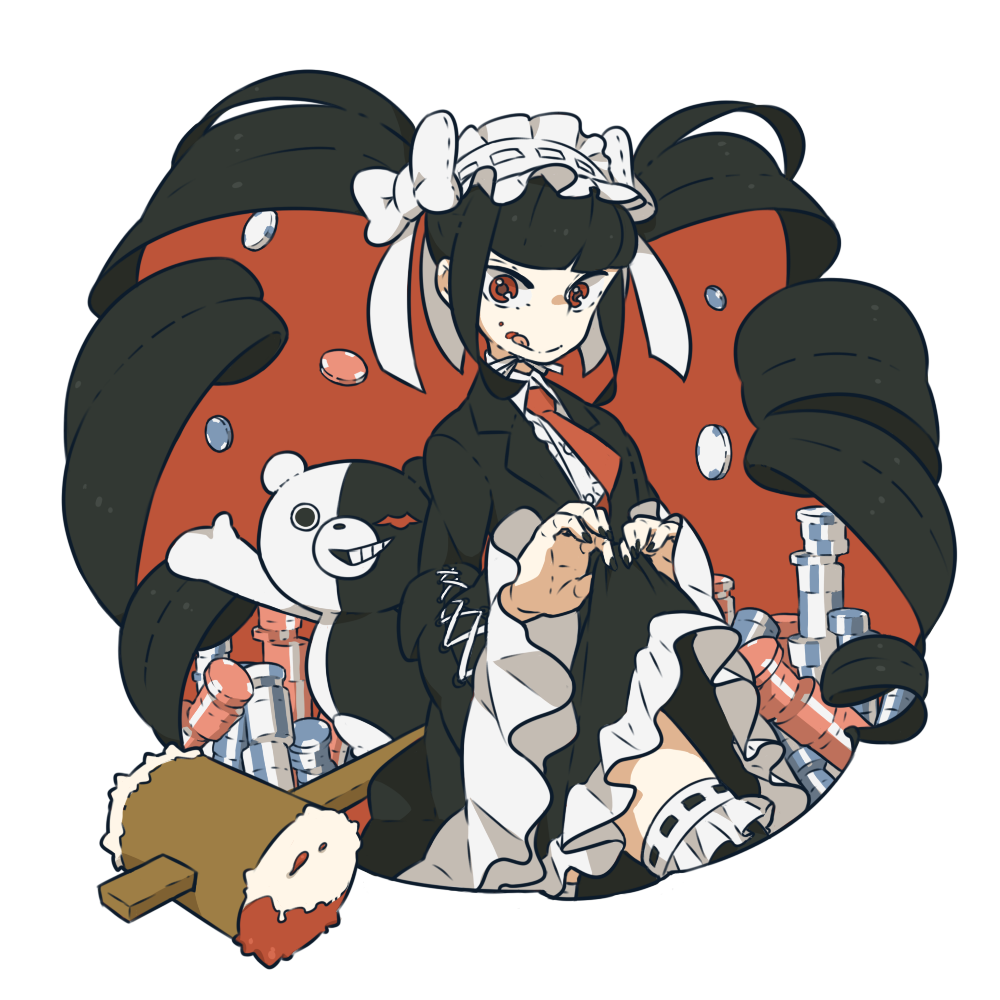 bonnet, celestia_rudenberk, dangan-ronpa, dangan_ronpa, drill_hair, lolita_fashion, mallet, meme_(aoume), meme_317, mono_kuma, monokuma, nail_polish, red_eyes, thigh-highs, thighhighs, twin_drills