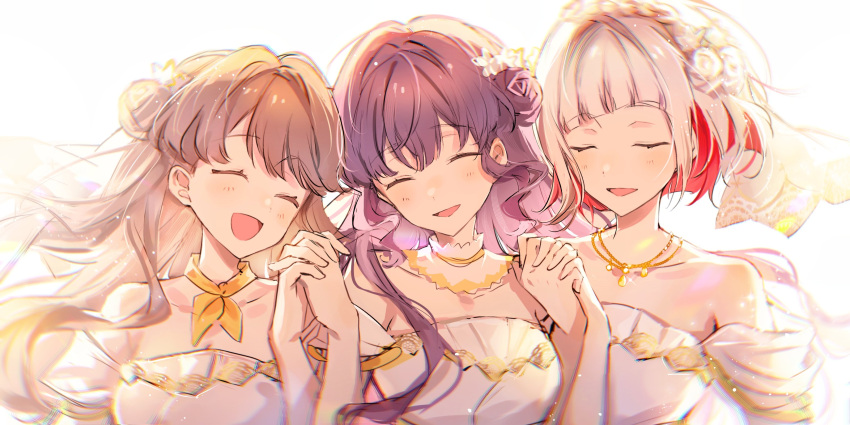 3girls, ^_^, absurdres, armpit_crease, backlighting, bare_shoulders, bob_cut, braid