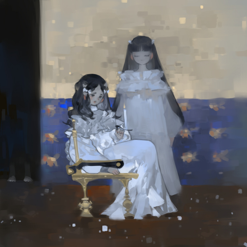 2girls, aristocratic_clothes, black_hair, bow, candle, chair, closed_eyes, dress