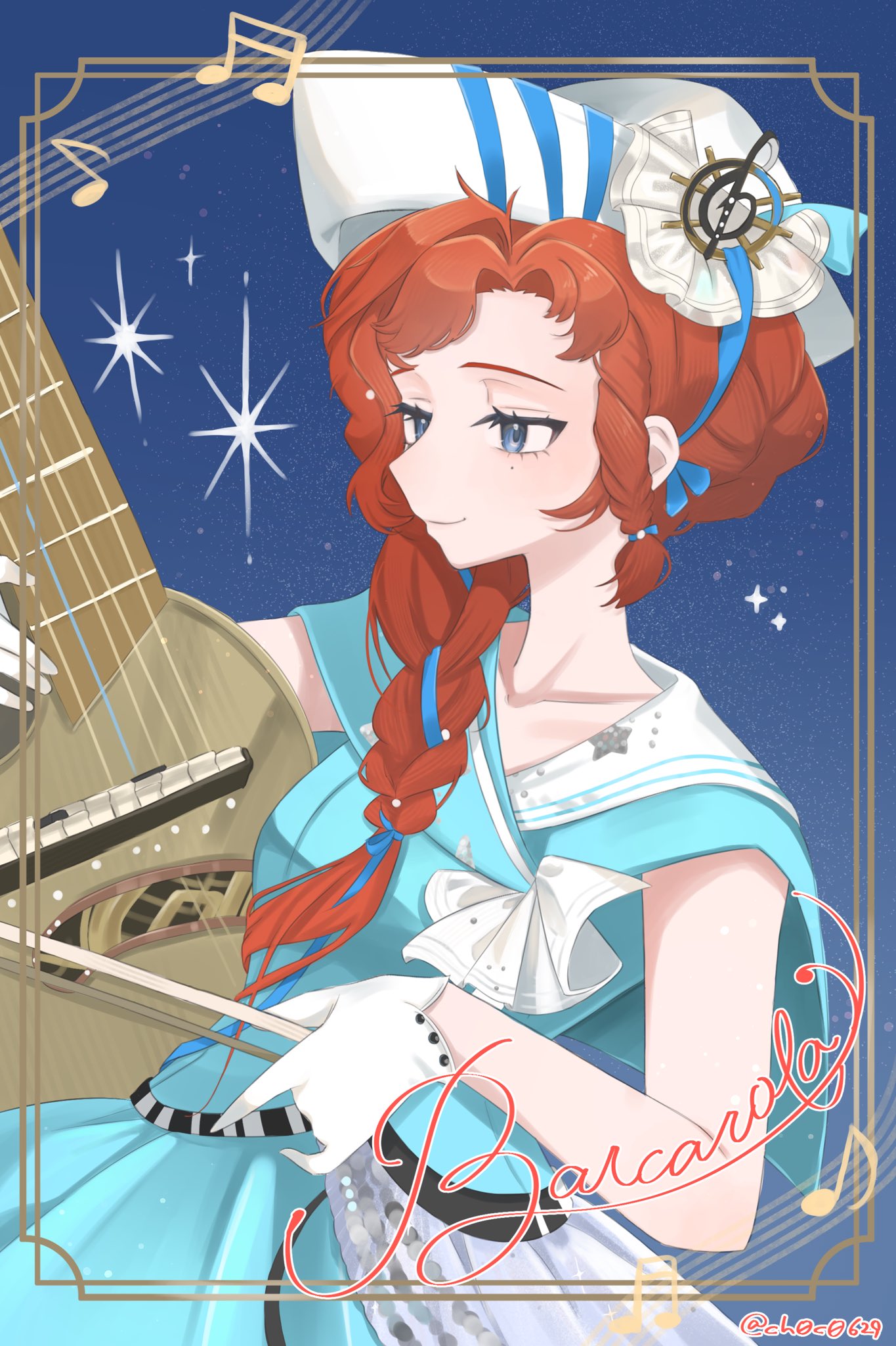 1girl, barcarola_(reverse:1999), beamed_sixteenth_notes, blue_background, blue_eyes, blue_shirt, blue_skirt, bow_(music)