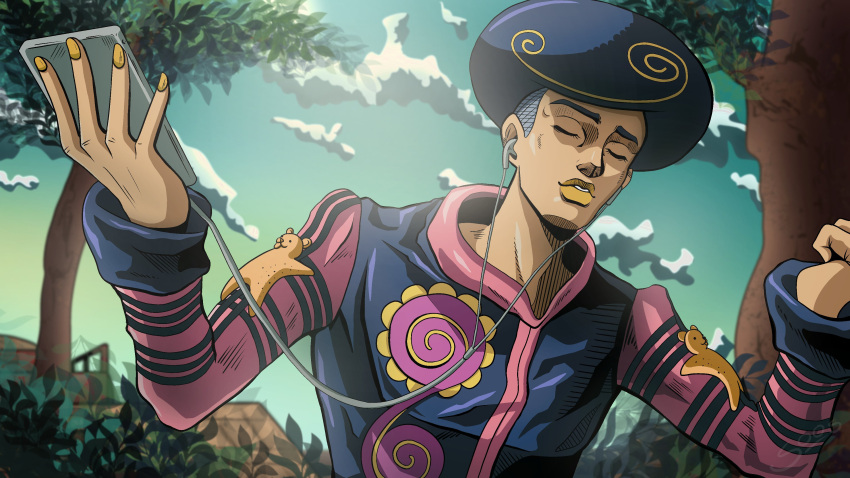 1boy, absurdres, anime_coloring, black_hair, black_shirt, cellphone, closed_eyes, clouds