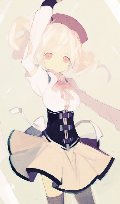 backcutter, beret, blonde_hair, drill_hair, fingerless_gloves, gloves, hair_ornament, hat