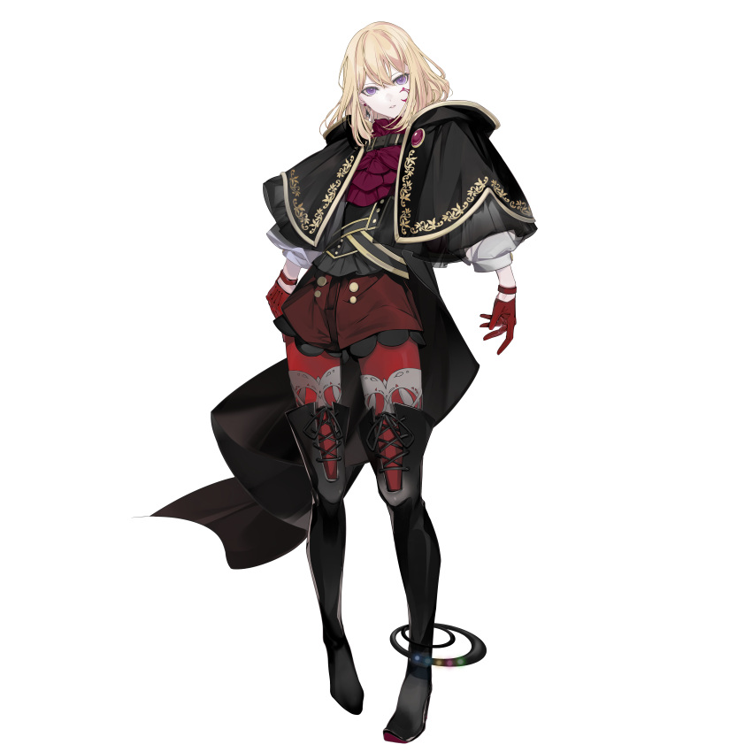 1girl, absurdres, aver_(yumenokessho), bang_dream!, bang_dream!_it's_mygo!!!!!, black_boots, black_capelet, blonde_hair, boots, capelet, doloris_(bang_dream!), full_body, gloves, hair_between_eyes, highres, looking_at_viewer, medium_hair, misumi_uika, official_art, open_mouth, pantyhose, pantyhose_under_shorts, red_brooch, red_gloves, red_pantyhose, red_shorts, shorts, solo, thigh_boots, transparent_background, violet_eyes, yonemuro, yumenokessho