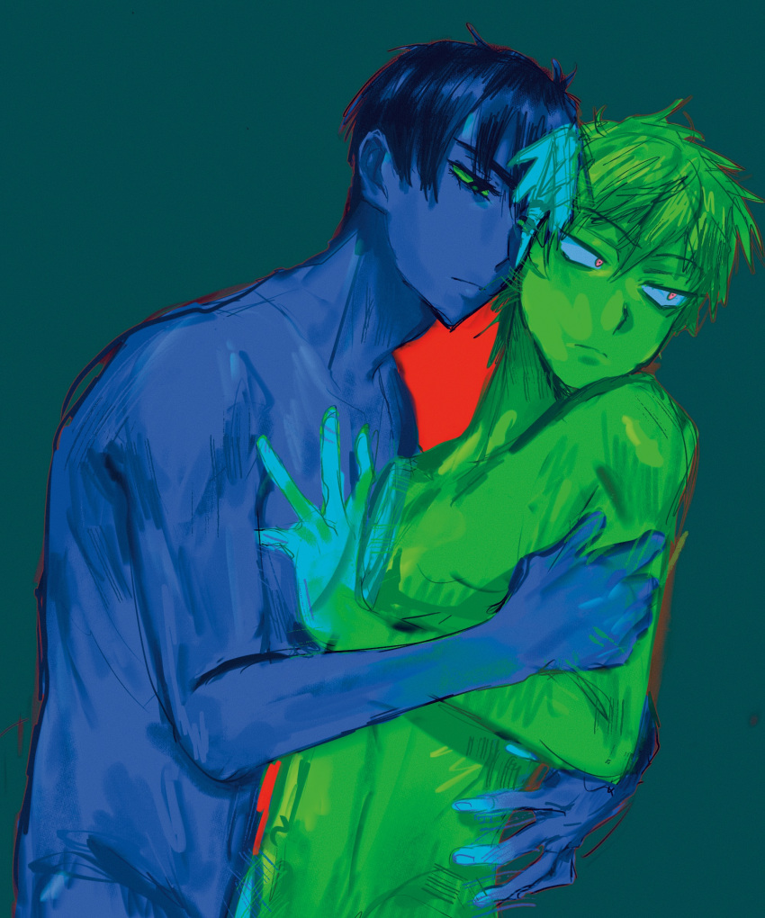 2boys, absurdres, alien_stage, arm_around_waist, closed_mouth, commentary, hand_on_another's_arm, hand_on_another's_chest