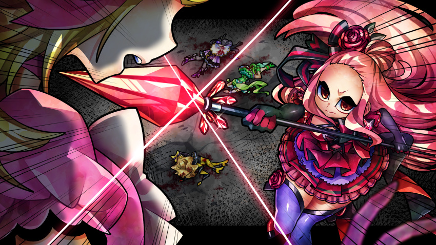 5girls, absurdres, blood, dress, hair_ornament, highres, holding, holding_polearm