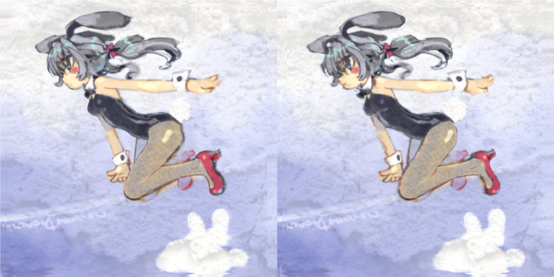 black_hair, blue_eyes, bunny_ears, bunnysuit, fishnet_pantyhose, fishnets, jumping, konno_takashi_(frontier_pub)