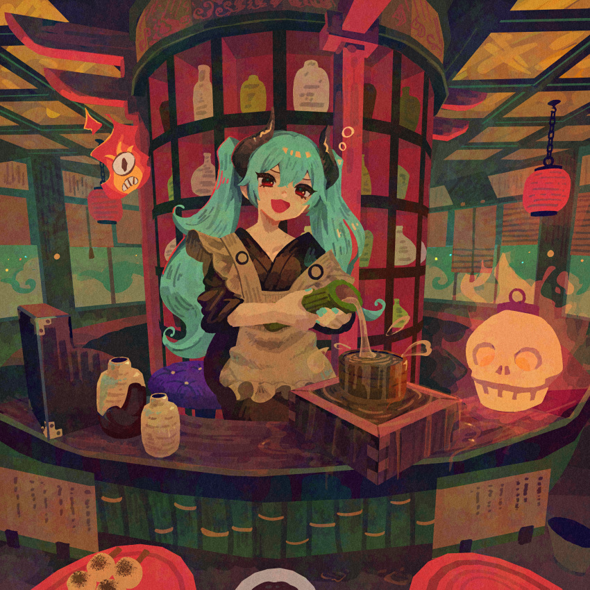 1girl, :3, apron, aqua_hair, aqua_nails, bamboo, bar_stool, bartender
