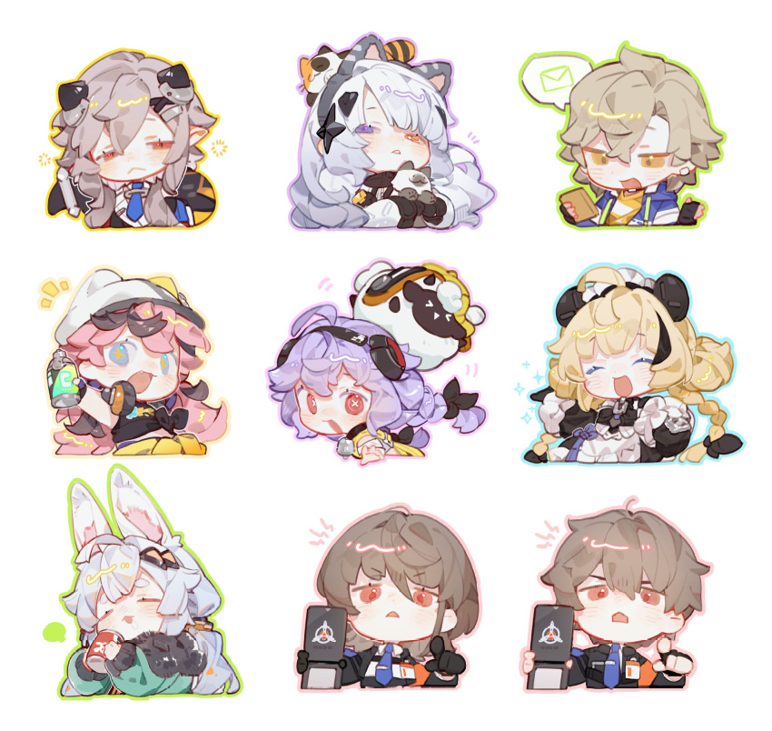 >_<, +_+, 1boy, 6+girls, ^_^, ahoge, aileen_(ananta), alan_(ananta), ananta, animal, animal_ear_fluff, animal_ear_headphones, animal_ear_headwear, animal_ears, animal_on_head, apron, aqua_coat, black_bow, black_coat, black_dress, black_gloves, black_hair, black_headphones, black_pants, black_scarf, black_shirt, black_sleeve_cuffs, blue_eyes, blue_jacket, blue_necktie, blue_outline, blunt_bangs, blunt_ends, bottle, bow, bow_apron, braid, breast_pocket, bright_pupils, brown_hair, buttons, cabbie_hat, calico, can, cat, cat_ear_headphones, cat_on_head, cellphone, character_request, chibi, closed_eyes, clothes_around_waist, coat, collared_coat, collared_dress, collared_shirt, cropped_torso, dila_(ananta), double_bun, dress, drink_can, drinking, drooling, envelope, excited, eyelashes, fake_animal_ears, fingerless_gloves, frilled_apron, frills, fur-trimmed_coat, fur_trim, gloves, green_outline, grey_hairband, grey_necktie, hair_between_eyes, hair_bow, hair_bun, hair_ornament, hair_tie, hairband, hairclip, half-closed_eyes, hand_on_own_hip, happy, hat, headphones, headphones_around_neck, heterochromia, highres, holding, holding_animal, holding_bottle, holding_can, holding_cat, holding_pen, holding_phone, hood, hood_down, hooded_jacket, jacket, jacket_around_waist, lecturing, long_hair, long_sleeves, looking_at_object, loose_hair_strand, low_ponytail, low_twin_braids, mafuin_da, maid, maid_headdress, mechanika_(ananta), messy_hair, midriff, motion_lines, multicolored_hair, multiple_expressions, multiple_girls, name_tag, necktie, notice_lines, on_head, open_clothes, open_coat, open_jacket, open_mouth, orange_eyes, orange_headphones, outline, panda_ears, pants, pen, phone, pink_eyes, pink_hair, pink_outline, pocket, ponytail, purple_bow, purple_hair, purple_outline, rabbit_ears, scarf, shirt, short_hair, shout_lines, siamese_cat, sidelocks, simple_background, sleepy, sleeveless, sleeveless_shirt, smartphone, smile, soda_can, sparkling_eyes, spoken_object, star_(symbol), star_hair_ornament, streaked_hair, symbol-shaped_pupils, taffy_(ananta), tie_clip, tied_shirt, triangle_mouth, twin_braids, unamused, very_long_hair, violet_eyes, water_bottle, wavy_hair, white_apron, white_background, white_coat, white_hair, white_hat, white_pupils, white_shirt, x-shaped_pupils, x_hair_ornament, yellow_jacket, yellow_outline, yellow_shirt