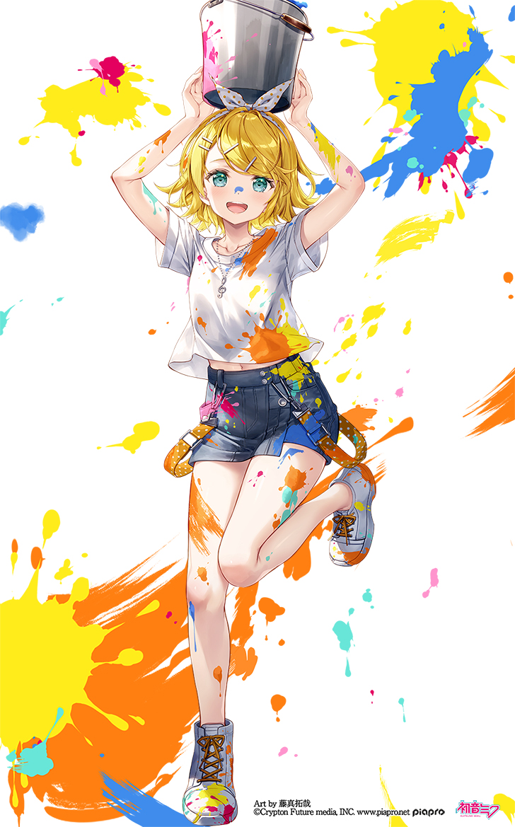 1girl, aqua_eyes, arms_up, belt, blonde_hair, blue_eyes, blush, bucket