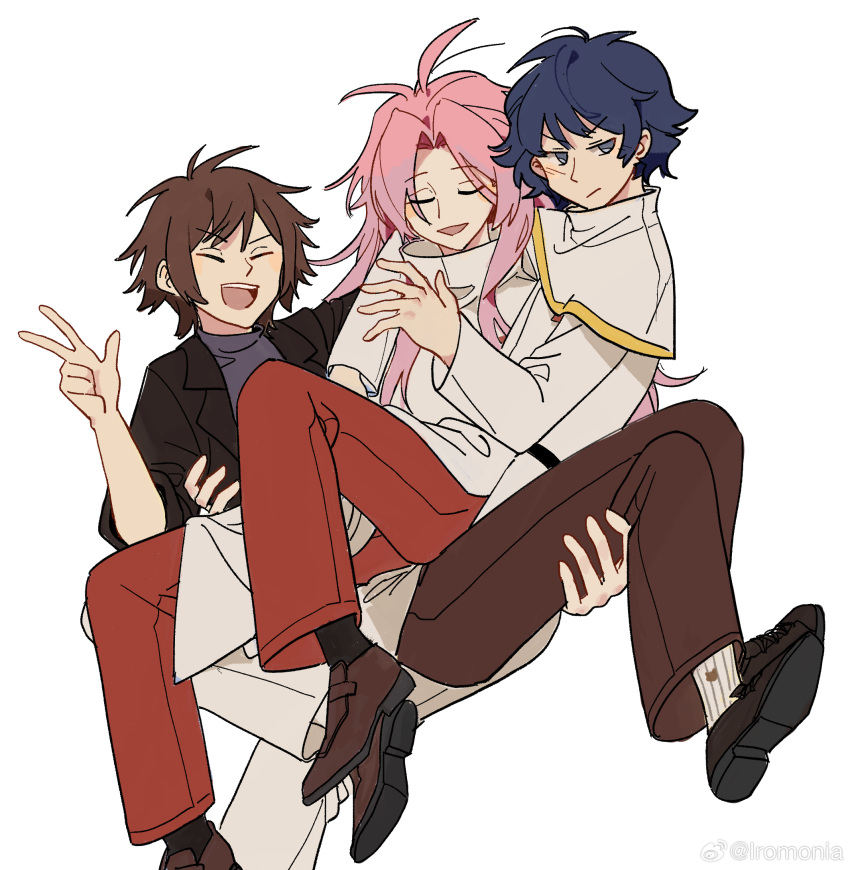 3boys, antenna_hair, arm_around_shoulder, belt, black_belt, black_jacket, black_socks, blue_hair, brown_hair, brown_pants, capelet, carrying, carrying_person, chinese_commentary, closed_eyes, closed_mouth, coat, commentary_request, curtained_hair, gold_trim, grey_eyes, hand_on_another's_leg, hand_on_another's_waist, harada_minoru, hatsutori_hajime, highres, insoluble_c, jacket, lapels, long_hair, male_focus, multiple_boys, notched_lapels, open_mouth, pants, parted_bangs, pink_hair, purple_shirt, red_pants, saibou_shinkyoku, shirt, short_hair, simple_background, sleeves_rolled_up, smile, socks, striped_clothes, striped_socks, utsugi_noriyuki, v-shaped_eyebrows, vertical-striped_clothes, vertical-striped_socks, w, watermark, weibo_watermark, white_background, white_capelet, white_coat, white_jacket, white_pants, white_socks